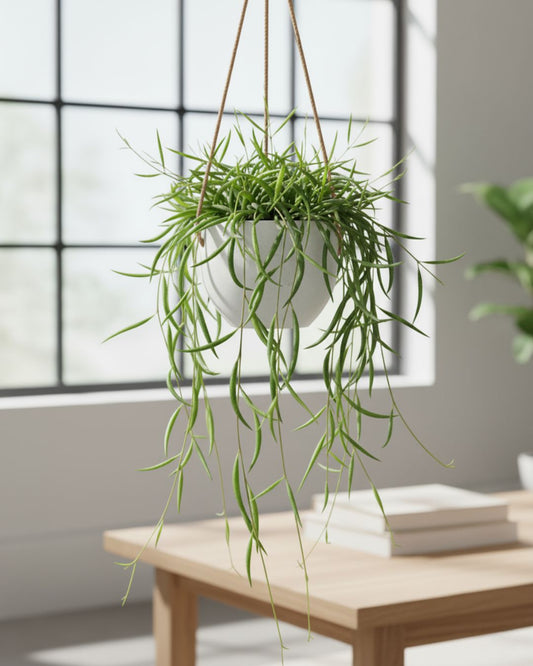 String of Needles succulent plant, showcasing long, trailing stems with numerous small, green needle-like leaves, in a simple nursery pot.