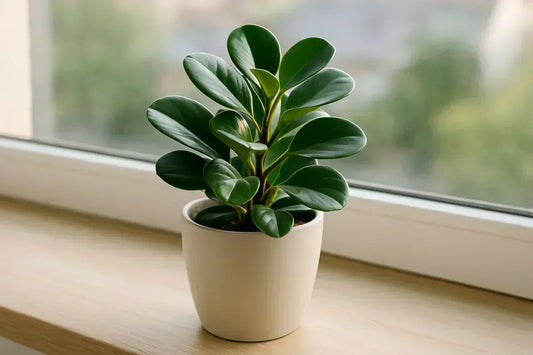 Peperomia plant with glossy green leaves placed on a sunny windowsill