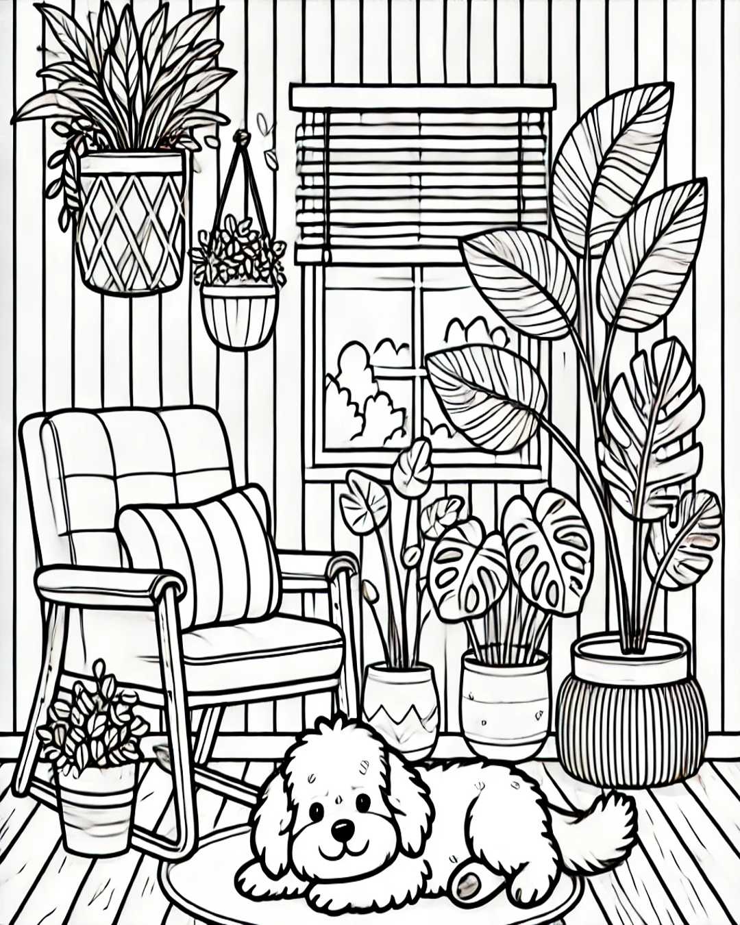 Coloring page of dog lying down near a comfortable chair