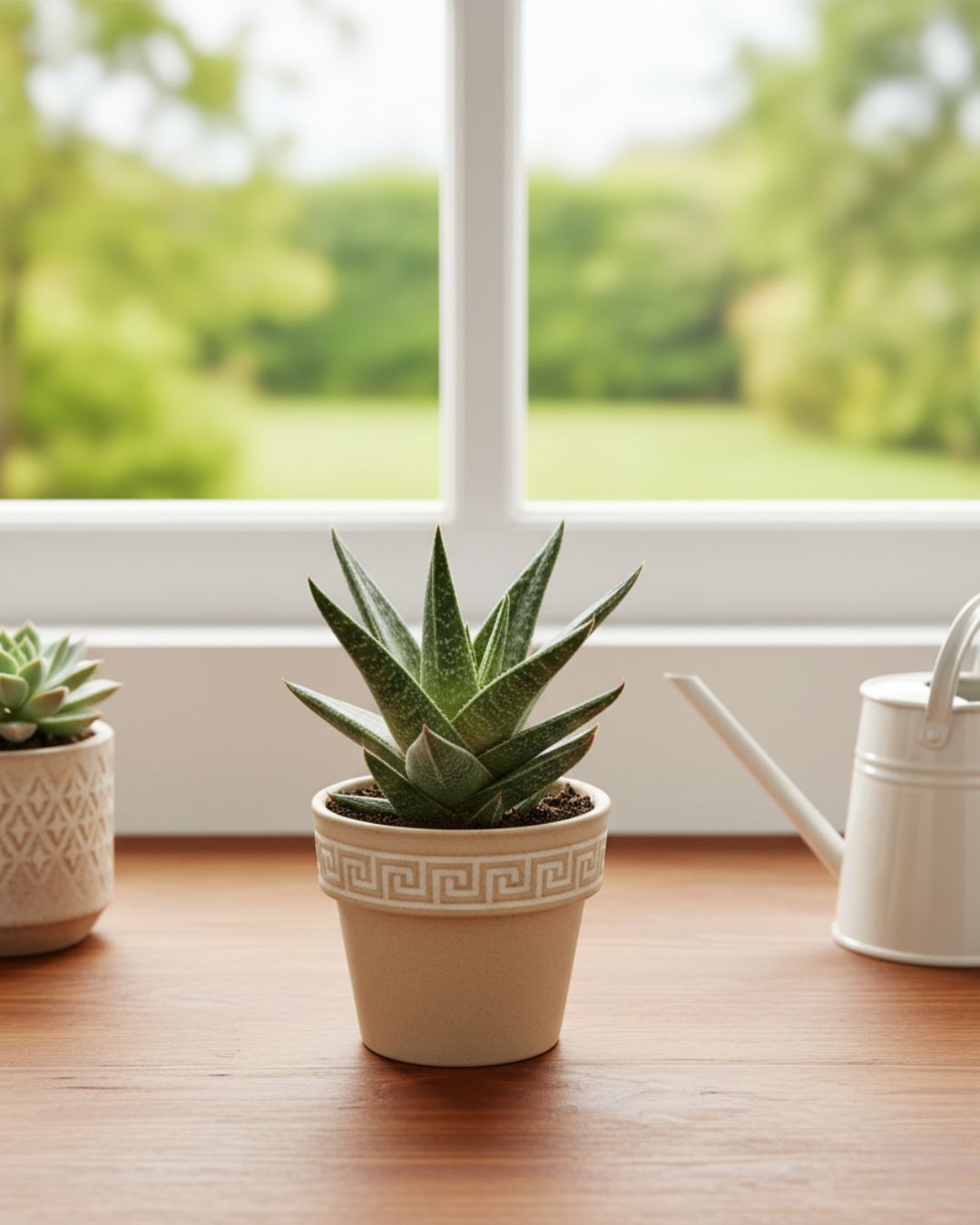 he Gasteraloe 'Green Ice' Variegated, potted in a decorative ceramic container, sitting on a bright kitchen windowsill. The succulent's pale, variegated foliage provides a low-maintenance, modern accent next to the window light.