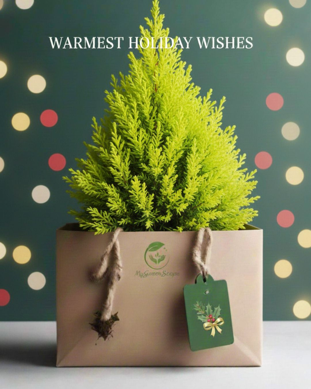 Christmas digital gift card with Warmest Holiday Wishes text and Lemon Cypress plant illustration on a neutral light background.