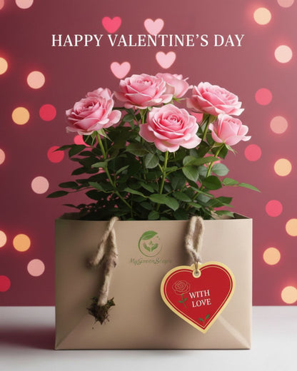 Elegant Valentine's Day digital gift card held by a smiling woman featuring romantic red heart accents and a soft pink background.