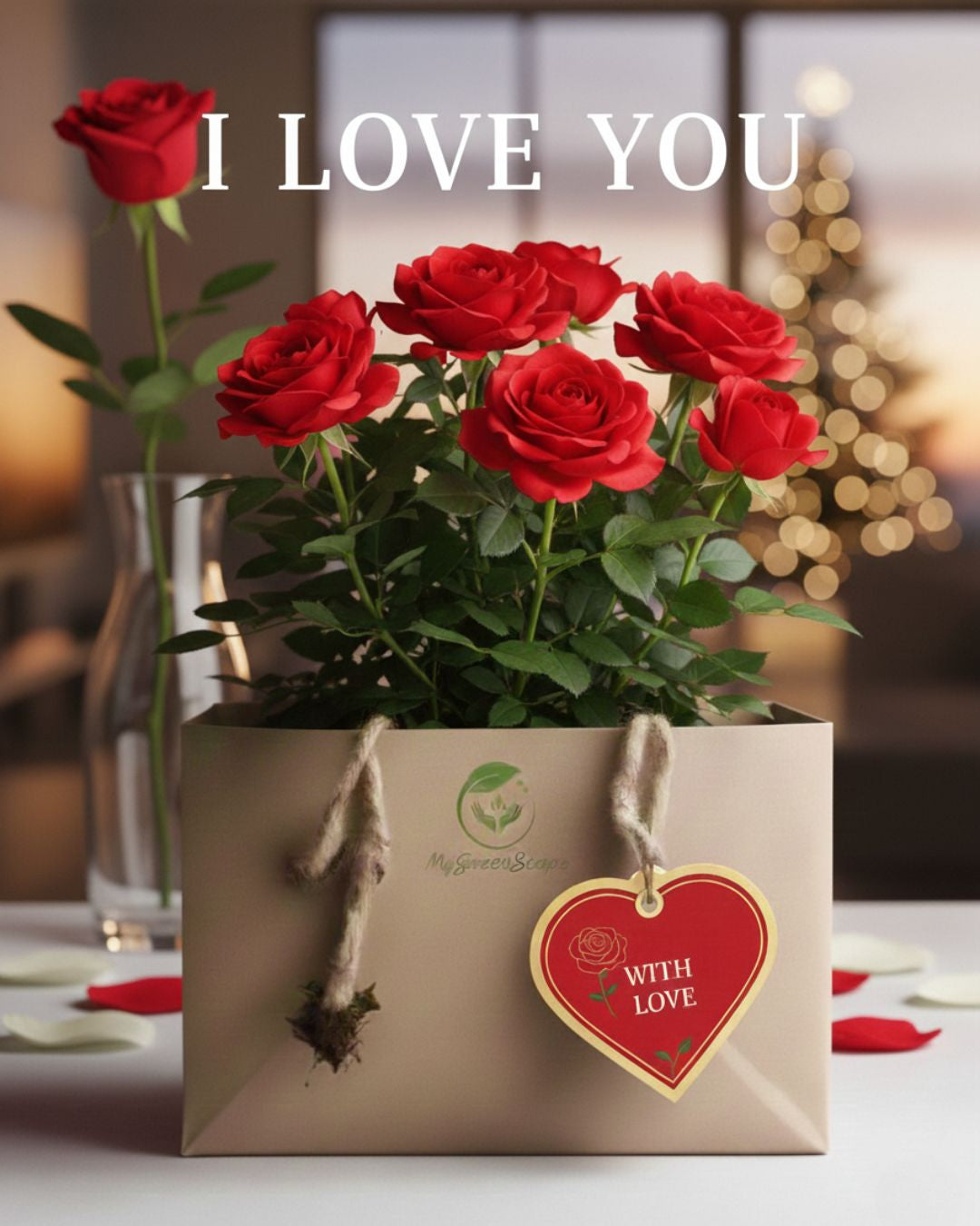 Digital gift card for loved ones with Love You message and minimalist aesthetic held by a woman in a festive home setting.