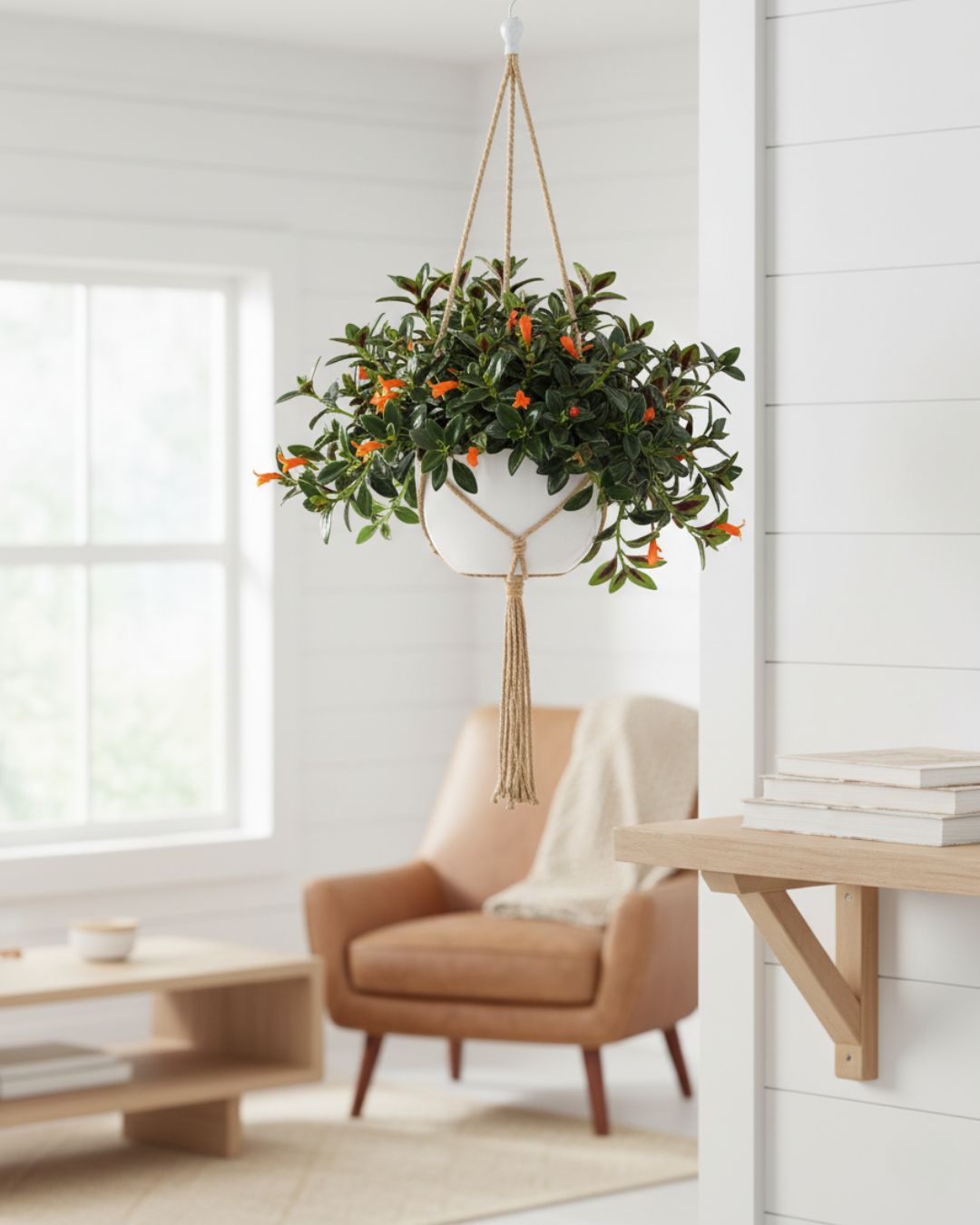 A beautiful Goldfish Plant (Columnea Hirta) cascading from a 6-inch white hanging basket in a bright, modern living room, featuring green leaves and numerous cheerful orange flowers.