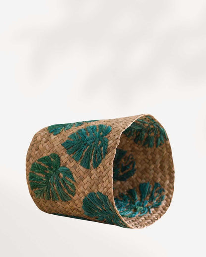 Monstera Embroidered Soft Seagrass Planter - Woven Baskets | LIKHÂ