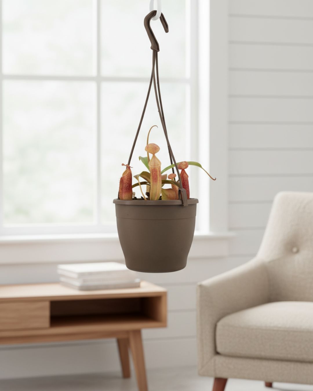 Nepenthes Sanguinea Pitcher Plant hanging in bright living room modern home décor idea.