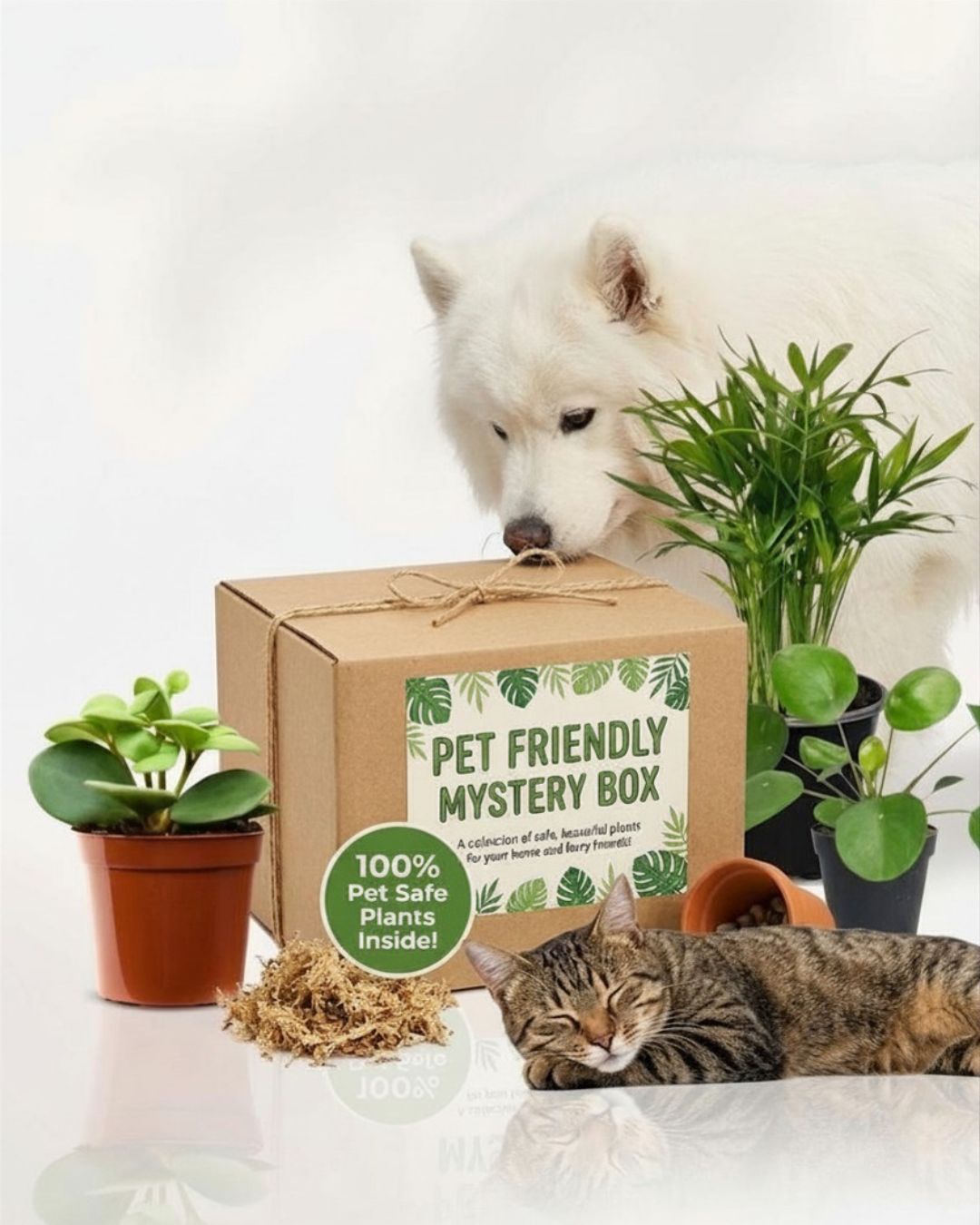 Pet Friendly Mystery Box with Samoyed, Tabby the cat, and guaranteed safe houseplants.