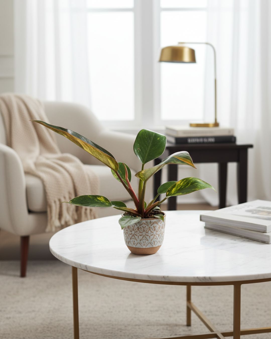 Large Philodendron Congo Variegated plant set in a modern living space, serving as a striking architectural floor plant with its upright form and bright, variegated foliage.