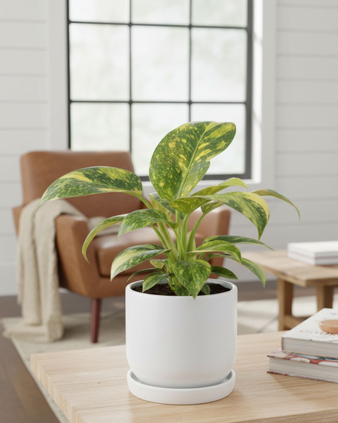 Medium Philodendron Green Congo Nuclear plant displayed in a modern white decorative pot, acting as a vibrant green floor accent in a bright living room.
