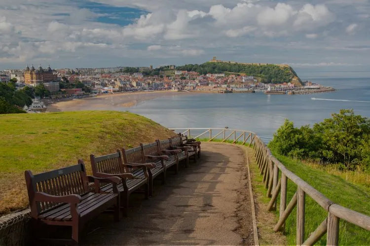 Seaside town view with benches overlooking bay, castle on hill, cloudy sky.