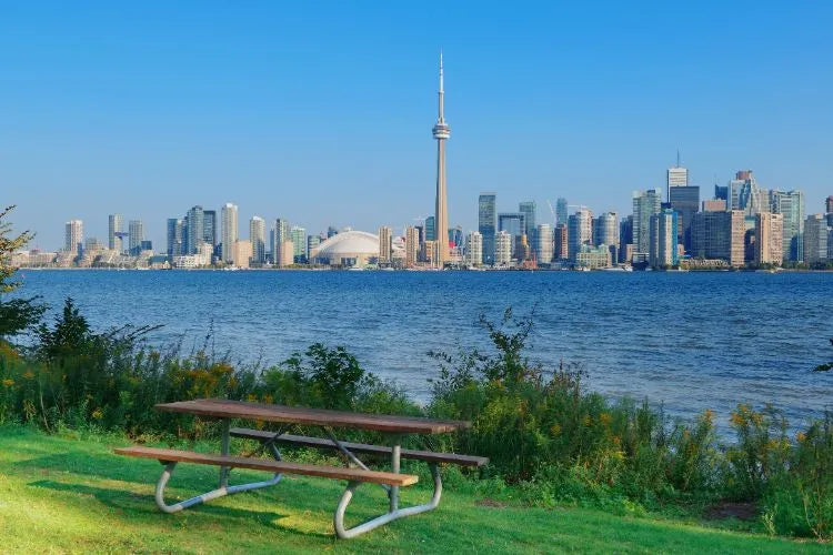 Toronto skyline with CN Tower from across lake, picnic table in foreground.