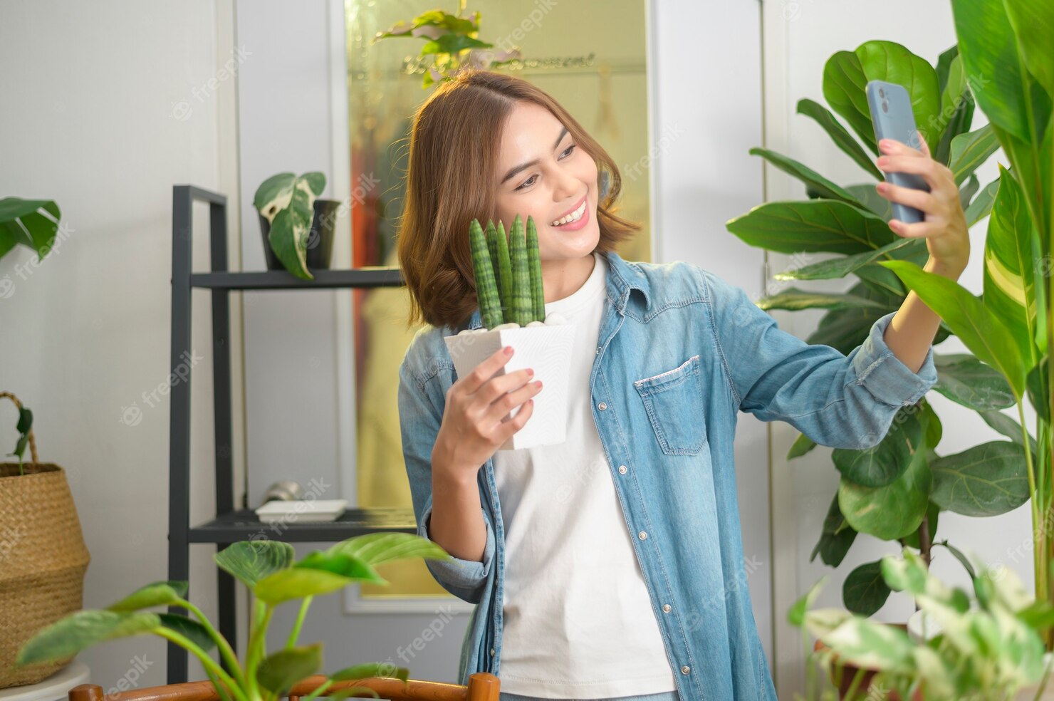 woman taking care of indoor plant